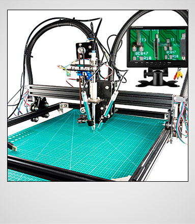 Motorized pick and place machine controllable by GamePad with 2 AV microscopes and a 9 inch AV monitor with 2 input channels